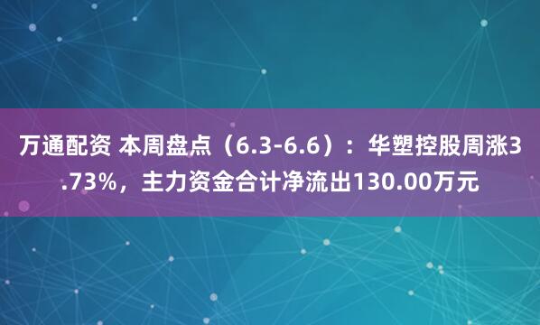 万通配资 本周盘点（6.3-6.6）：华塑控股周涨3.73%，主力资金合计净流出130.00万元