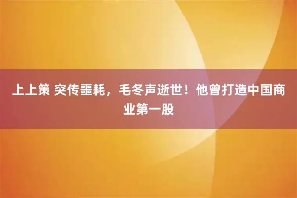 上上策 突传噩耗，毛冬声逝世！他曾打造中国商业第一股
